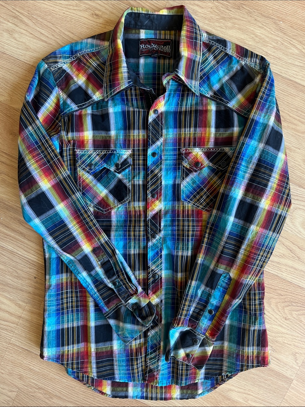 Men’s Rock & Roll Cowboy Multicolor Plaid Western Snap Shirt - Sz M